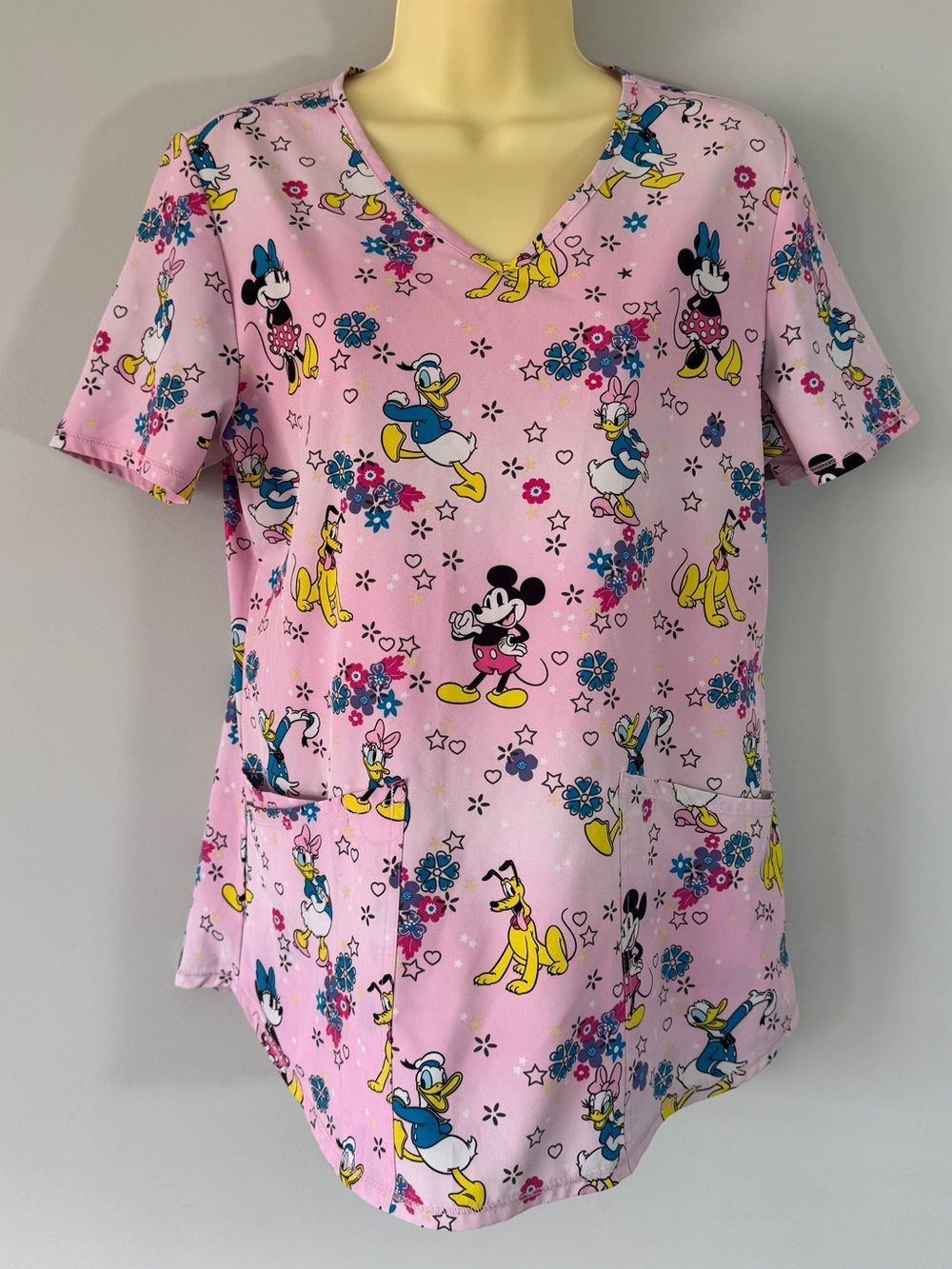 Disney Pink Tie-Dye Mickey Minnie Friends Scrub Top Small? Medical Uniform Nurse